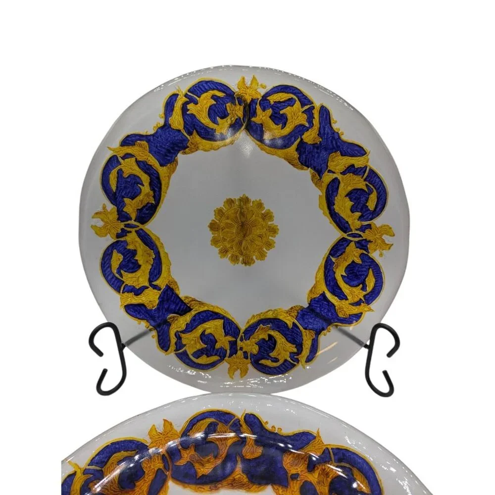 Vintage Singl3 Glass Decorative Plate w Blue Gold Hand Painted Versace Style 14